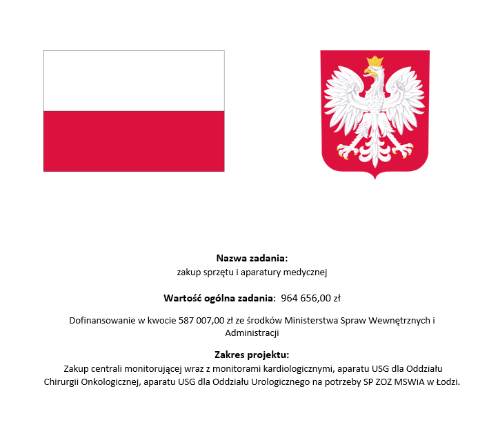 Nazwa zadania: zakup sprzętu i aparatury medycznej. Wartość ogólna zadania: 964656,00 zł. Dofinansowanie w kwocie 587007,00 zł. ze środków Ministerstwa Spraw Wewnętrznych i Administracji. Zakres projektu: Zakup centrali monitorującej wraz z monitorami kardiologicznymi, aparatu USG dla Oddziału Chirurgii Onkologicznej, aparatu USG dla Oddziału Urologicznego na potrzeby SP ZOZ MSWiA w Łodzi.